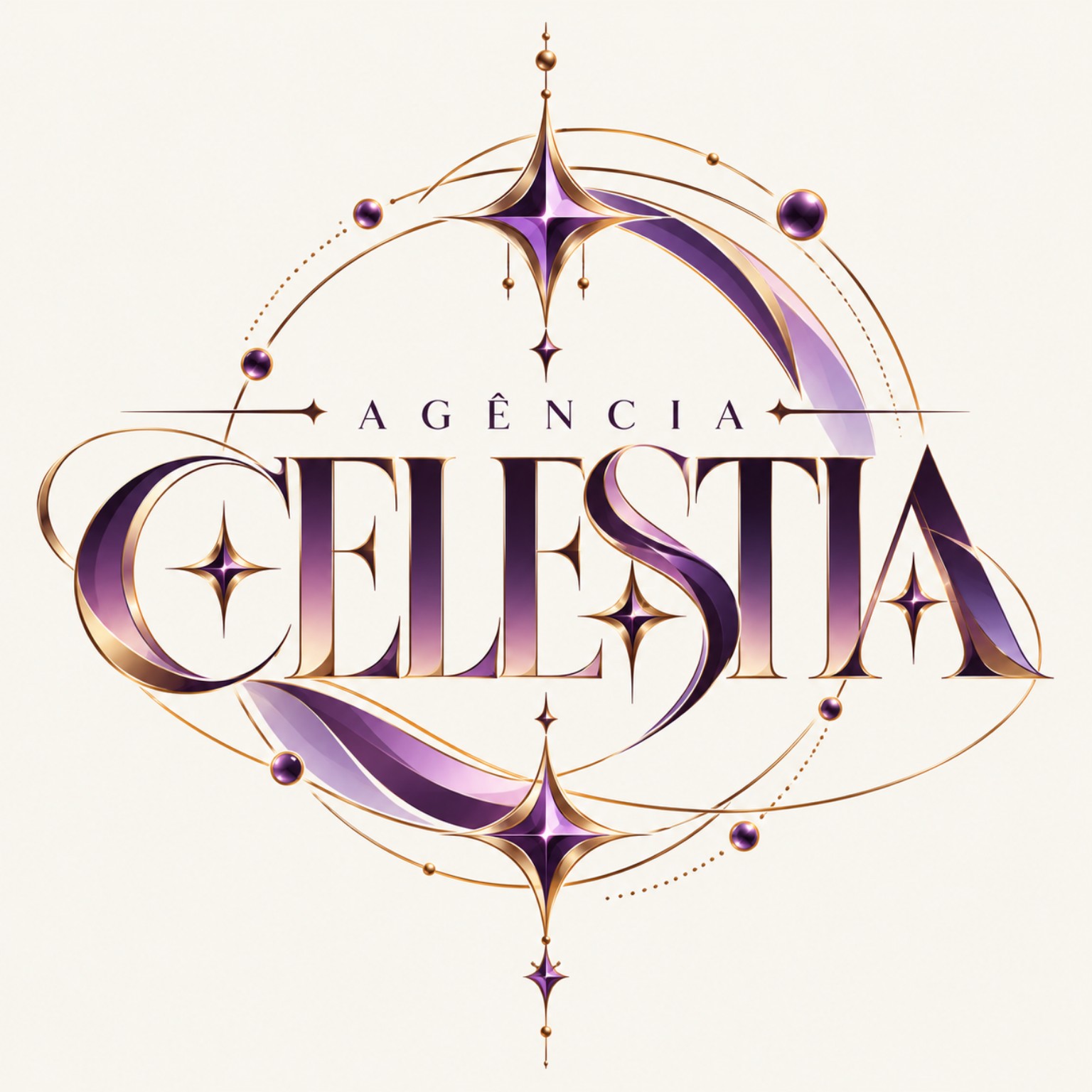 Agência Celestia, logo com estrelas roxas e órbitas douradas